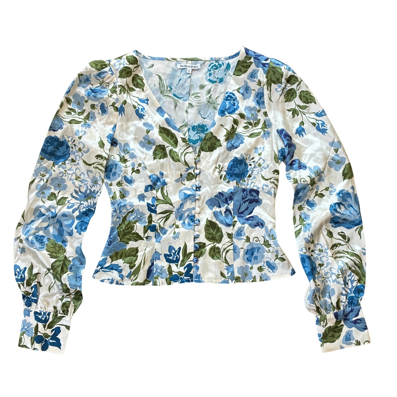 Reformation Silk Cadence White Blue Floral Long Sleeve Blouse Top Size Xs